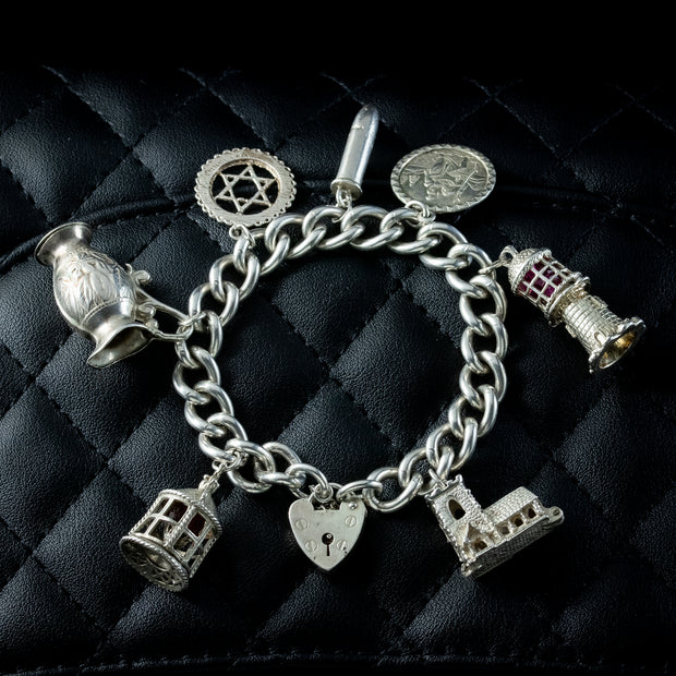 Vintage Silver Curb Bracelet With Heart Padlock And Seven Charms Dated 1978