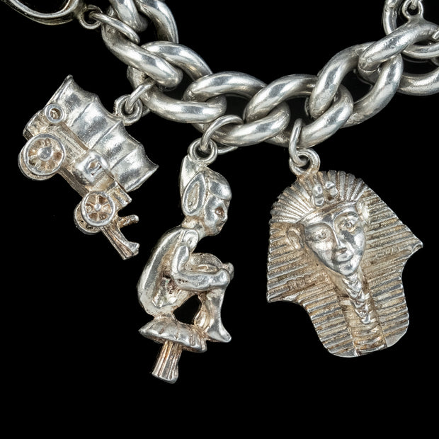 Vintage Silver Curb Bracelet With Heart Padlock And Twenty Charms  