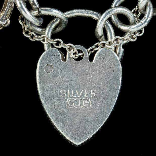 Vintage Silver Curb Bracelet With Heart Padlock And Twenty Eight Charms  