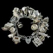 Vintage Silver Curb Bracelet With Heart Padlock And Twenty Eight Charms  