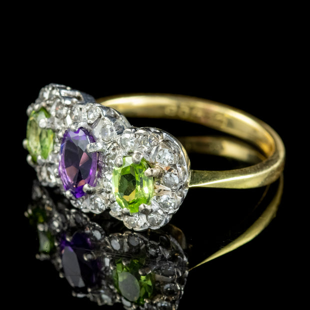 Vintage Suffragette Cluster Ring Diamond Peridot Amethyst Dated 1976