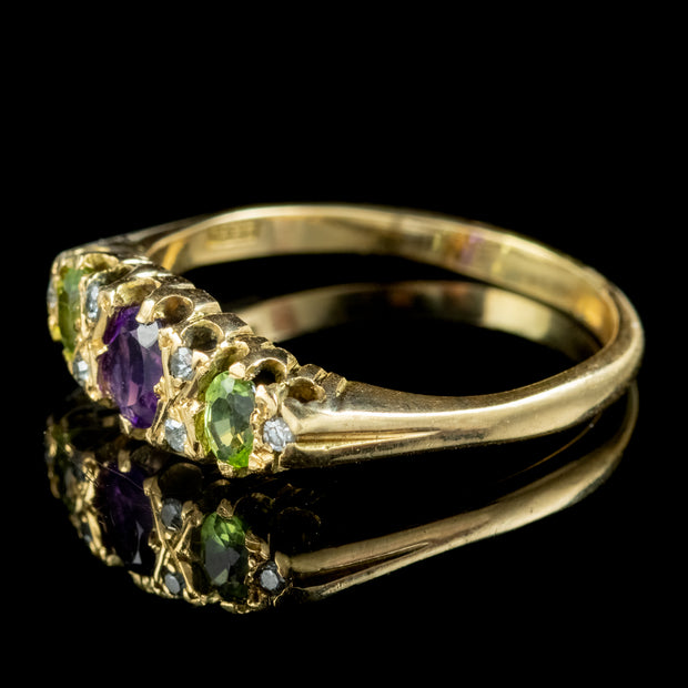 Vintage Suffragette Ring Amethyst Peridot Diamond Dated 1976