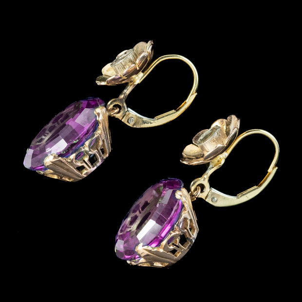 Vintage Synthetic Alexandrite Diamond Drop Earrings 14ct Gold