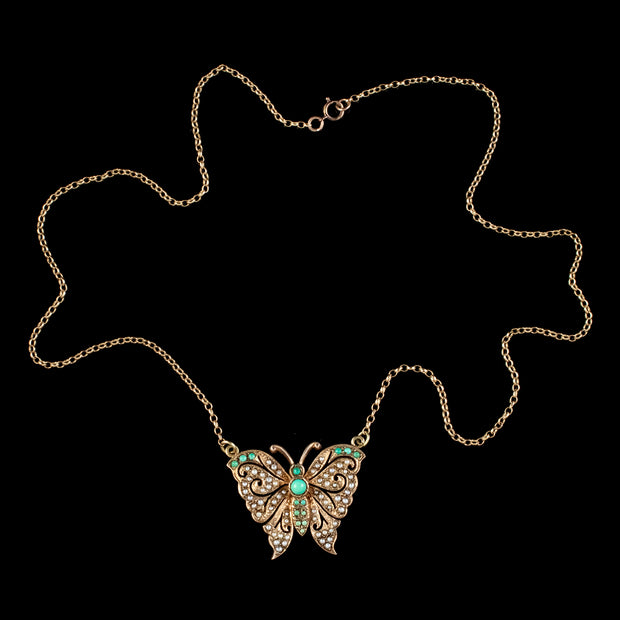 Vintage Turquoise Pearl Butterfly Lavaliere Pendant Necklace Dated 1976