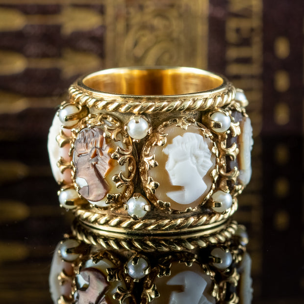 Vintage Victorian Revival Pearl Cameo Eternity Band Ring 