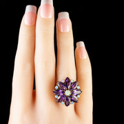 Vintage Amethyst Opal Cluster Flower Ring 9Ct Yellow Gold