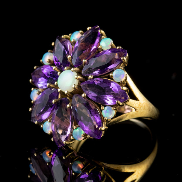 Vintage Amethyst Opal Cluster Flower Ring 9Ct Yellow Gold