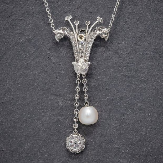 Art Deco Diamond Pearl Lily Lavaliere Necklace back