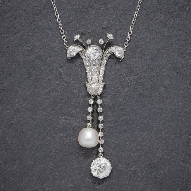 Art Deco Diamond Pearl Lily Lavaliere Necklace front