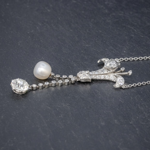 Art Deco Diamond Pearl Lily Lavaliere Necklace side