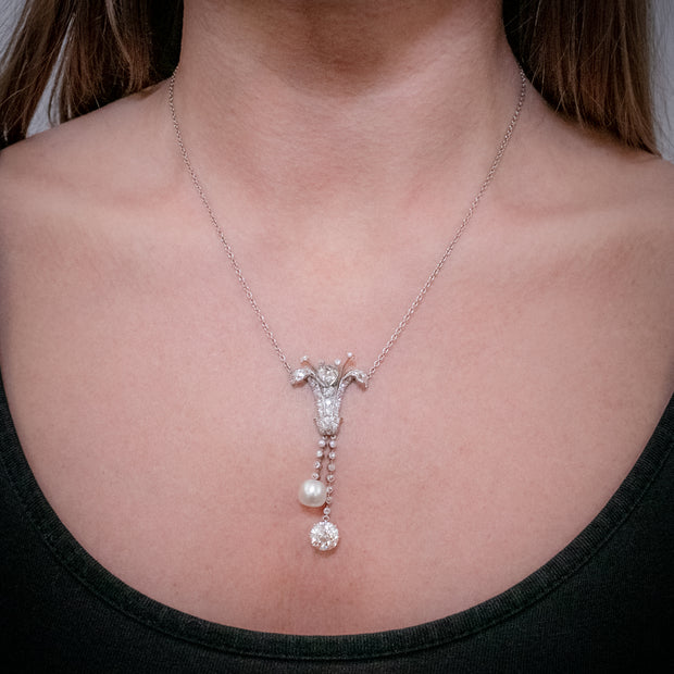 Art Deco Diamond Pearl Lily Lavaliere Necklace neck