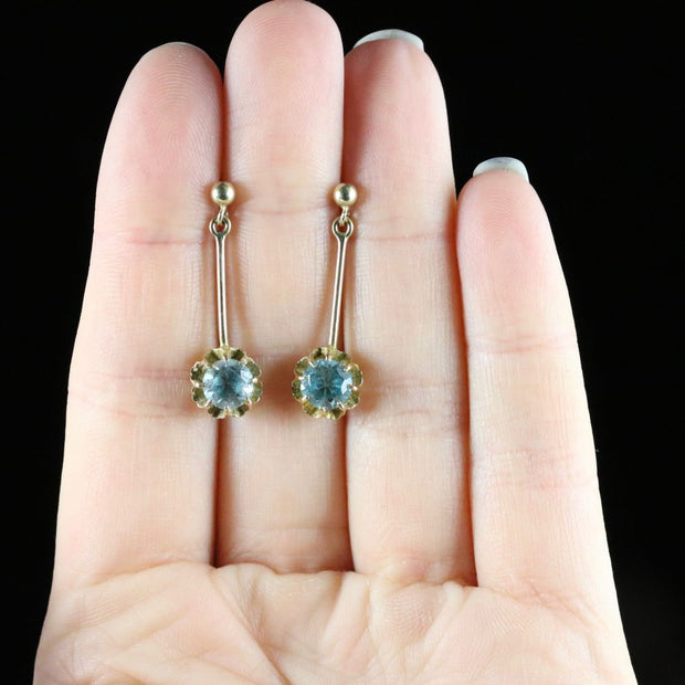 Vintage Blue Zircon Long Earrings 9Ct Gold