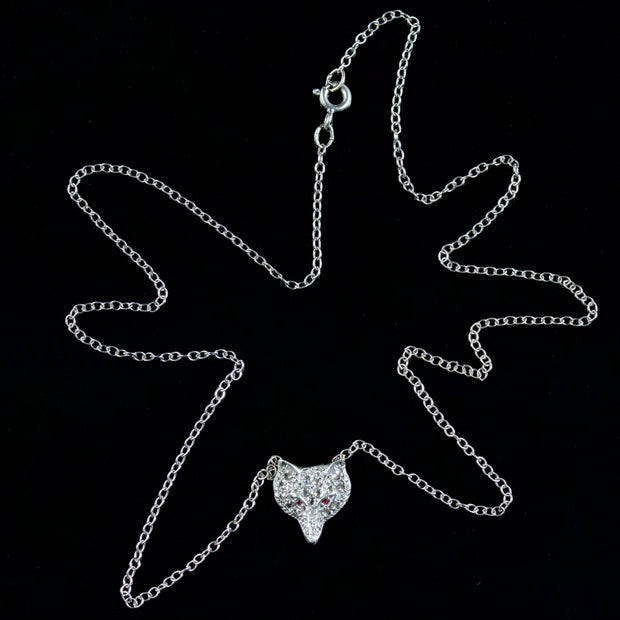 Vintage Diamond Ruby Fox Pendant Necklace 9Ct White Gold