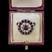Vintage Garnet Cluster Ring 9Ct Gold Pearl Circa 1970