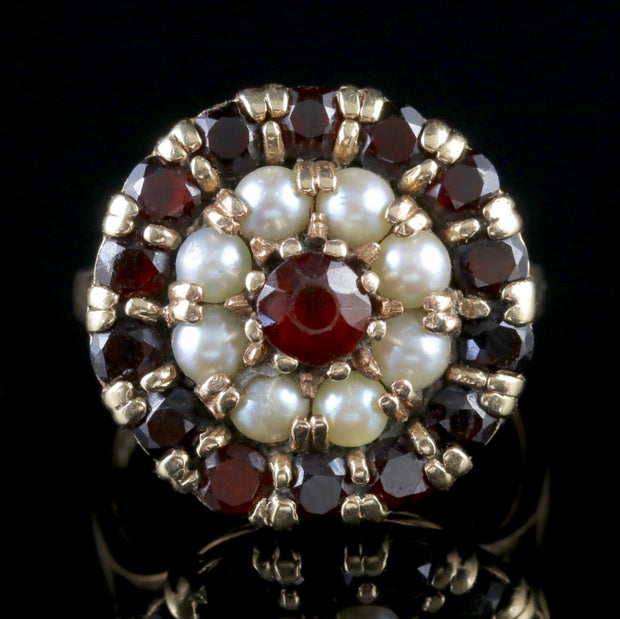 Vintage Garnet Cluster Ring 9Ct Gold Pearl Circa 1970