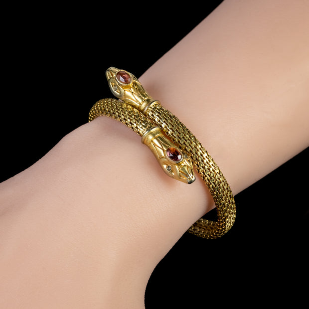 Vintage Garnet Double Snake Gold Gilt Bangle Circa 1930