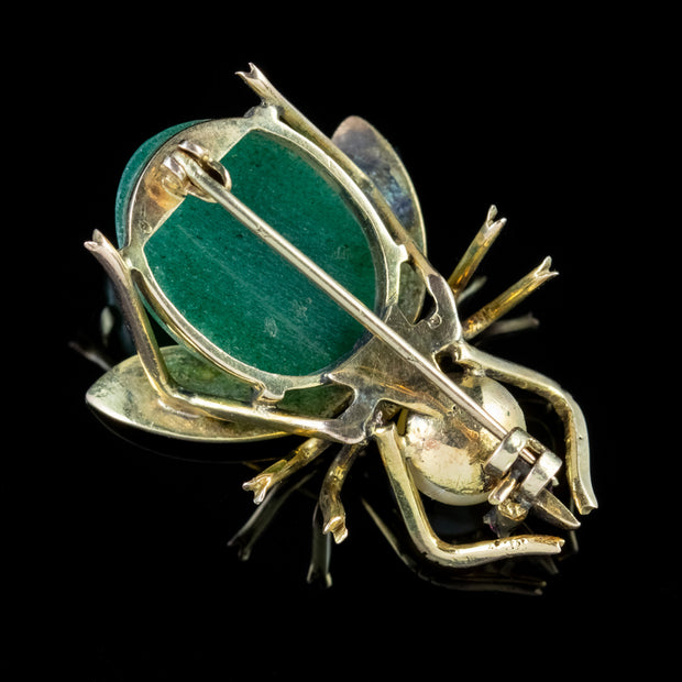 Vintage Jade Insect Brooch 18Ct Gold Pearl Ruby Circa 1970