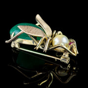 Vintage Jade Insect Brooch 18Ct Gold Pearl Ruby Circa 1970