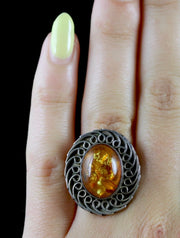 Vintage Large Amber Ring Sterling Silver 7Ct Amber