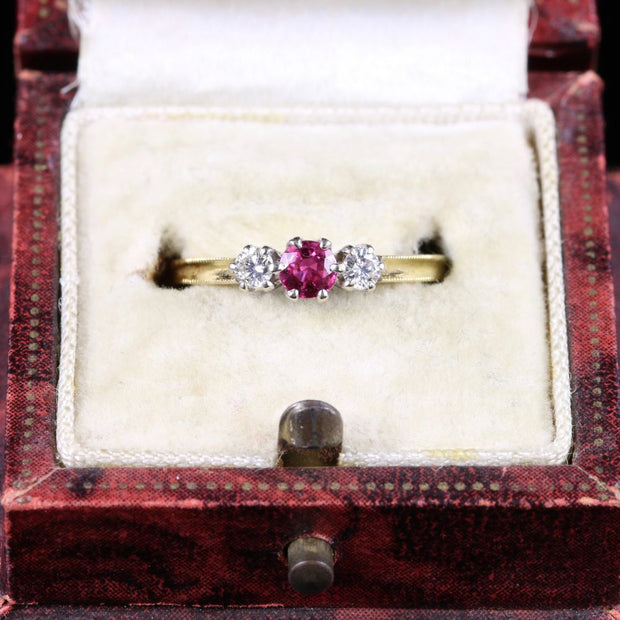 Vintage Ruby Diamond Trilogy Ring 18Ct Gold Dated 1986