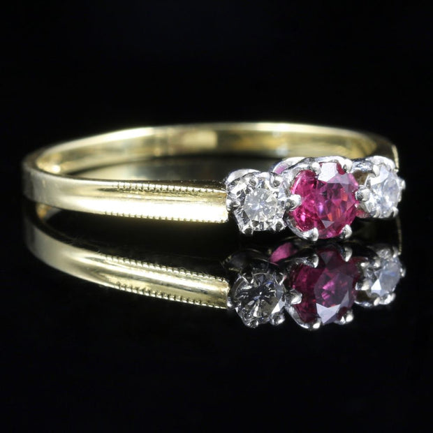 Vintage Ruby Diamond Trilogy Ring 18Ct Gold Dated 1986