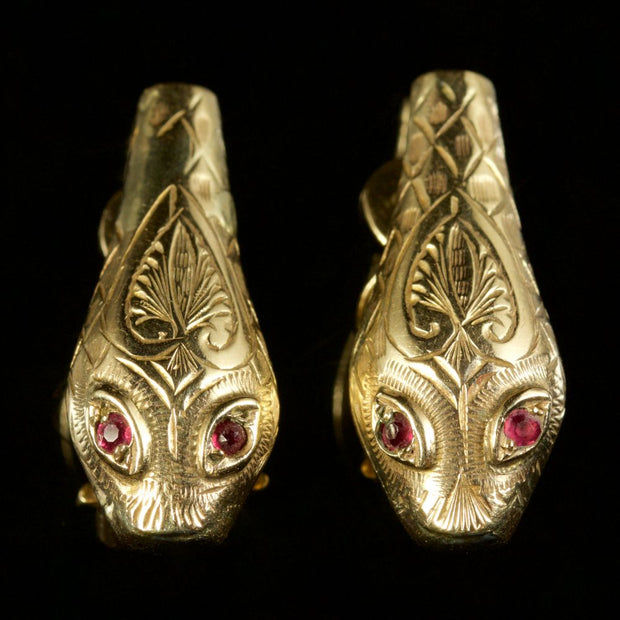 Vintage Ruby Snake Clip Earrings 9Ct Gold