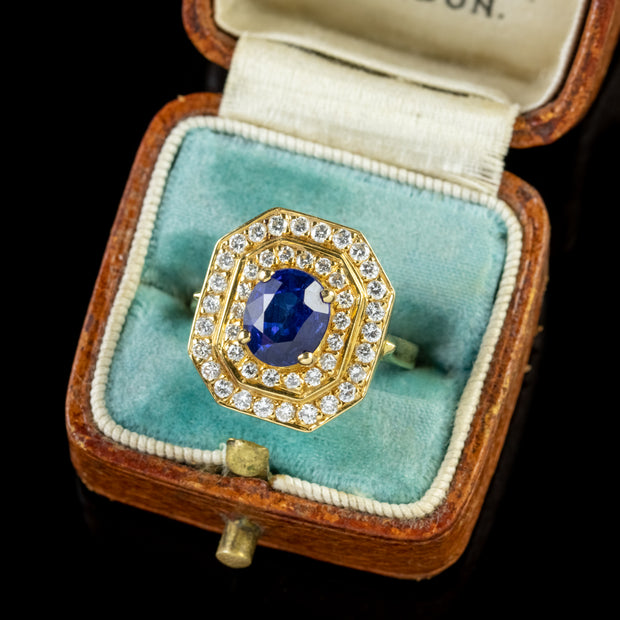 Art Deco Style Sapphire Diamond Cluster Ring 18Ct Gold 1.60Ct Sapphire