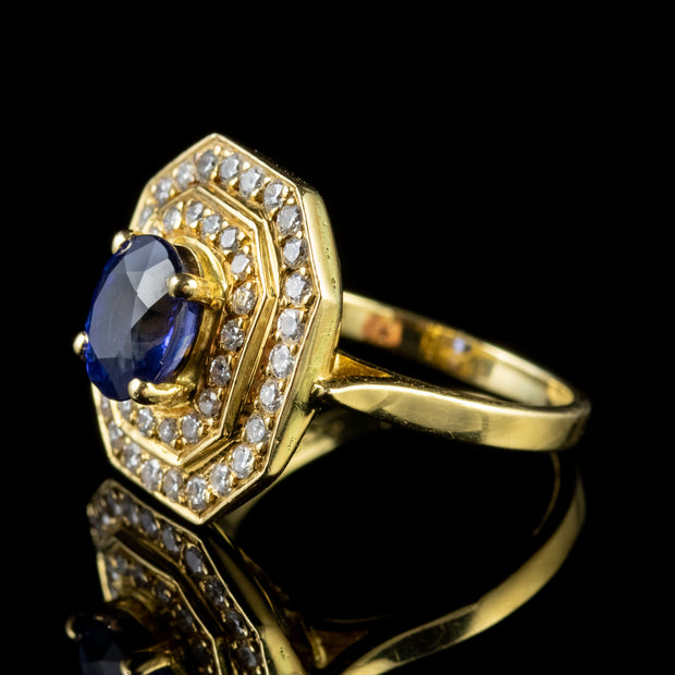 Art Deco Style Sapphire Diamond Cluster Ring 18Ct Gold 1.60Ct Sapphire