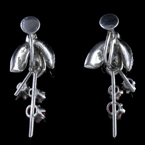 Art Deco Sterling Silver Ruby Paste Fuchsia Drop Earrings Circa 1920
