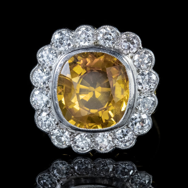 Yellow Sapphire Diamond Cluster Ring 18Ct Gold 6Ct Sapphire