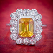 Art Deco Style Yellow Sapphire Diamond Ring 18Ct Gold Platinum 2.50Ct Sapphire 1.50Ct Of Diamond