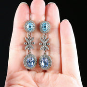 Edwardian Style Blue Paste Drop Earrings Silver Gold Wires