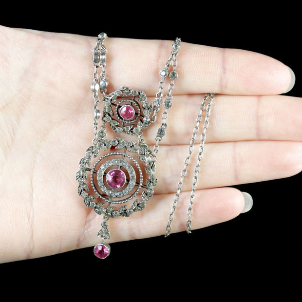 Antique Edwardian Pink Topaz Silver Necklace Circa 1910