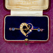 Antique Victorian Sapphire Ruby Pearl Heart Bar Brooch With Box