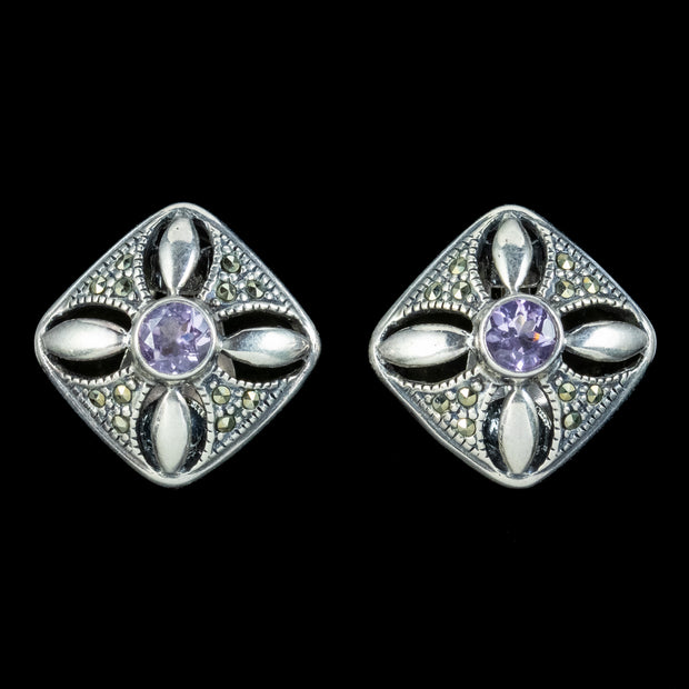 Art Deco Style Amethyst Marcasite Clip Sterling Silver Earrings