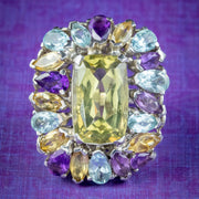 Art Deco Style Citrine Amethyst Aquamarine Cluster Cocktail Ring Sterling Silver