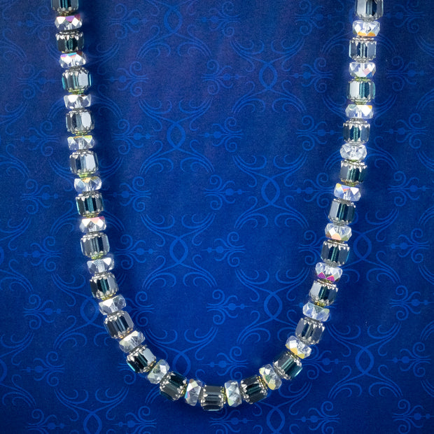 Art Deco Style Long Glass Bead Necklace Silver Clasp