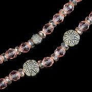Art Deco Style Long Pink Glass Bead Necklace Silver Clasp