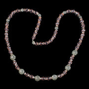 Art Deco Style Long Pink Glass Bead Necklace Silver Clasp