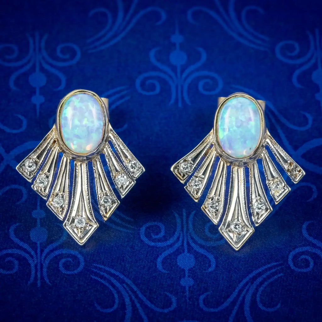 Art Deco Style Opal Diamond Fan Earrings 9Ct