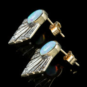 Art Deco Style Opal Diamond Fan Earrings 9Ct Gold