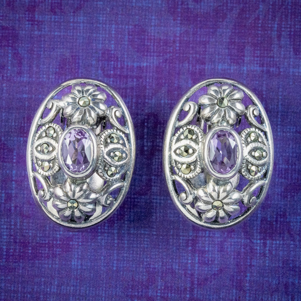 Art Deco Style Silver Amethyst Marcasite Oval Earrings