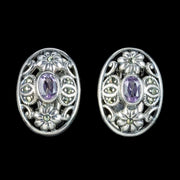 Art Deco Style Silver Amethyst Marcasite Oval Earrings