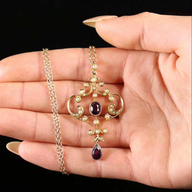 Antique Gold Amethyst Pendant And Chain 15Ct Gold