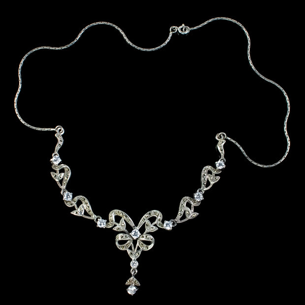 Edwardian Style Paste Marcasite Lavaliere Necklace Sterling Silver