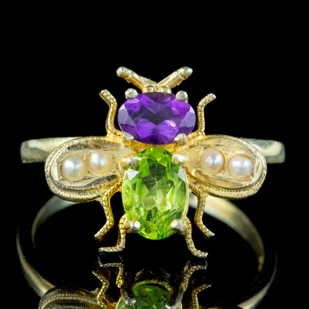 Edwardian Suffragette Style Bee Ring Peridot Amethyst Pearl Silver 18Ct Gold