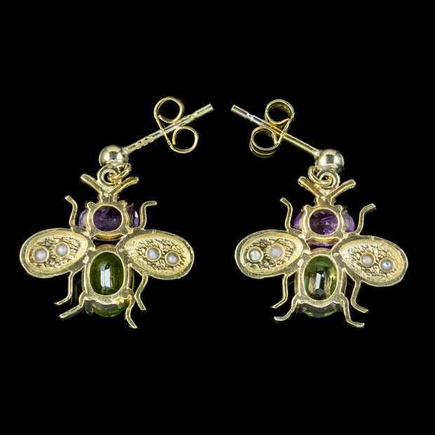 Edwardian Suffragette Style Insect Bee Earrings Amethyst Peridot Pearls