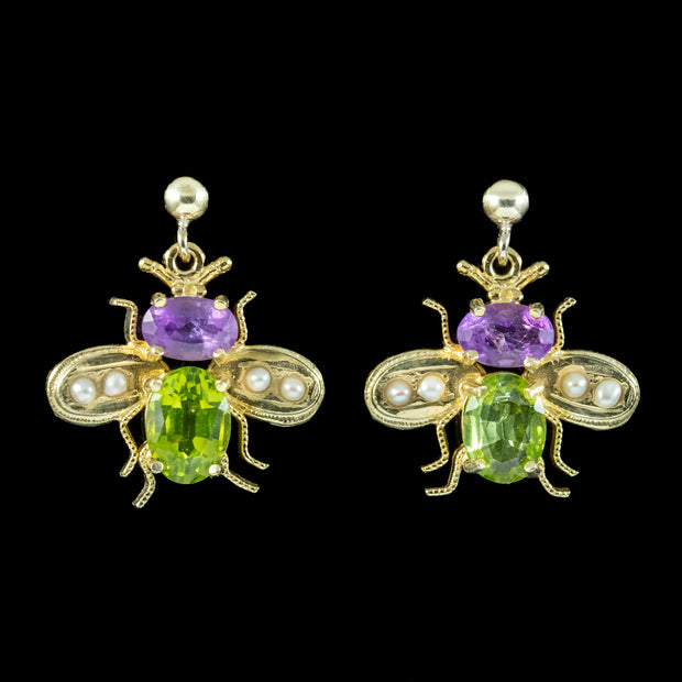 Edwardian Suffragette Style Insect Bee Earrings Amethyst Peridot Pearls