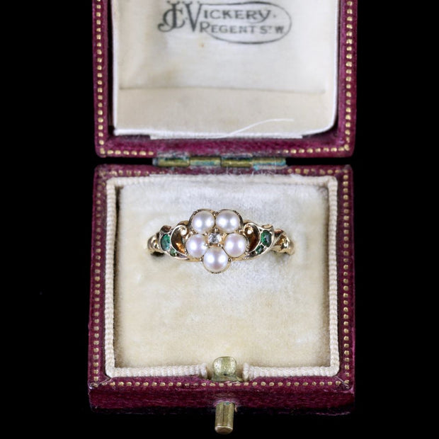 Georgian Emerald Diamond Pearl Ring 18Ct Circa 1800