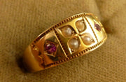 VICTORIAN 15ct RUBY & PEARL RING DATED CHESTER 1881